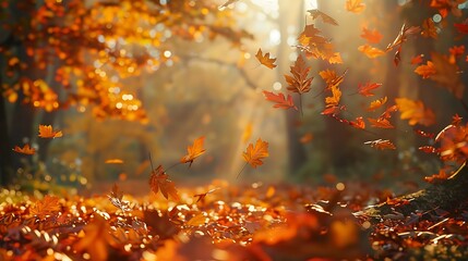 A serene forest scene with vibrant autumn leaves dancing in the breeze