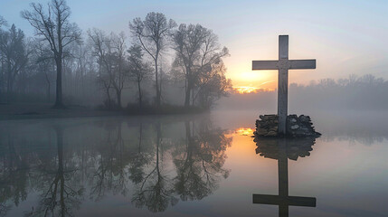 A Christian cross at the edge of a reflective lake during a foggy sunrise, with the cross and the surrounding trees enveloped in a soft, ethereal mist.
