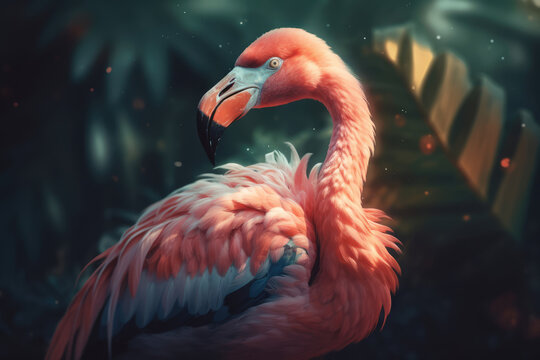 Pink Flamingo birg on a green tropical background, close up