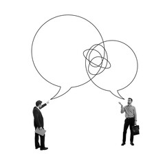 Business collaboration and strategic dialogue. Two businessmen with speech bubbles over head. Contemporary art collage. Concept of business, entrepreneurship, communication. Line art design.