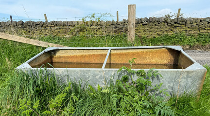 An old, rusted metal trough sits in tall grass, with a stone wall and wooden fence in the...