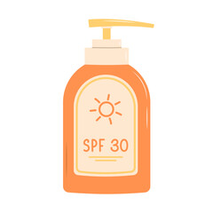 Sunscreen lotion in bottle. SPF 30. Flat vector illustration isolated on white background