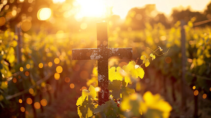 A Christian cross in a vineyard at sunset, with the backlighting from the sun casting a golden bokeh through the rows of vines, symbolizing growth and the divine.