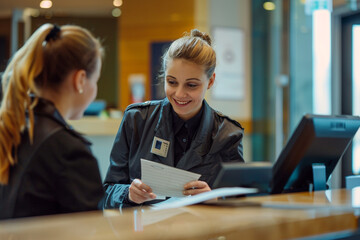 Smiling and beautiful receptionist behind the counter attend the guest standing at the reception desk in a modern hotel 