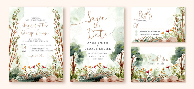 wedding invitation set with beautiful forest watercolor landscape