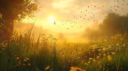 A tranquil meadow bathed in the golden light of dawn, alive with the songs of birds