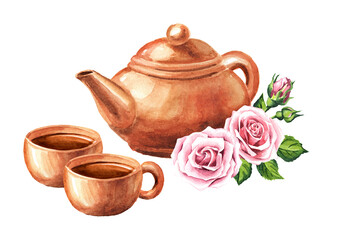Terracotta clay tea set with teapot, mug and rose flower. Hand drawn watercolor illustration isolated on white background