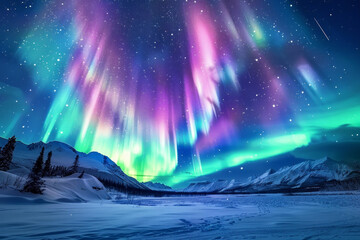 A mesmerizing display of the aurora borealis, with vibrant ribbons of green, purple, and blue light dancing across a starry sky above a pristine snowy landscape