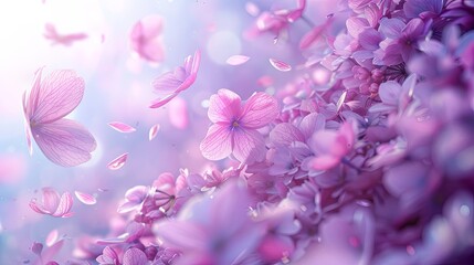 Fototapeta premium Purple flowers and butterfly on a blurred background.