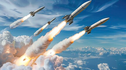 a group of missiles gracefully ascend into the sky, piercing through clouds in the background.