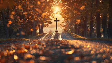 A Christian cross on a peaceful country road lined with autumn trees, the setting sun casting a golden bokeh through the leaves, creating a path of light leading to the cross.