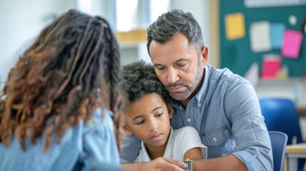 Compassionate teacher comforting a student, offering encouragement and support during a challenging moment in the classroom.