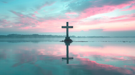 A Christian cross at the edge of a tranquil lake, with the early morning sky painted in soft pastel hues, reflecting off the water and framing the cross in a serene light.