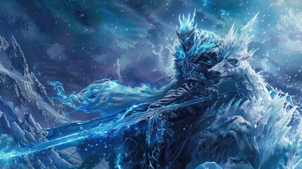 Frozen Demon Emperor with blue fire eyes in an ice warrior outfit, holding an ice sword, sitting on an ice ghost horse. with an army of demon horses behind them