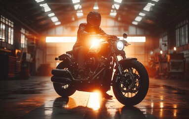 A man is sitting on a motorcycle in a dimly lit room. The motorcycle is a Harley Davidson, and the man is wearing a leather jacket. The room is filled with light, creating a warm