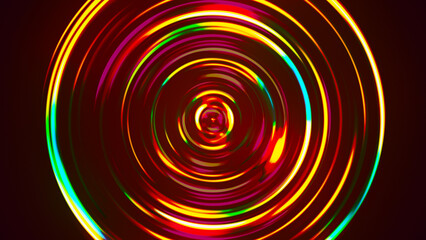 Colorful concentric neon circle. Multicolor RGB swirl background. Neon futuristic abstract magic circle. Spiral illustration. Wavy pattern. 3D rendering.