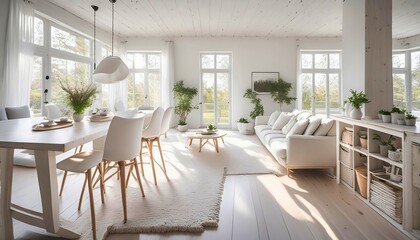 Bright, airy open-plan living and dining area with a white sectional sofa, large windows, and minimalist decor, creating a serene, welcoming space.