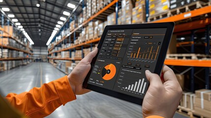 the hand of a warehouse worker operates a tablet, managing a digital construction system with a dashboard, against the backdrop of storage shelves in a bustling commercial warehouse.