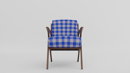 a blue and white chair with a wooden frame