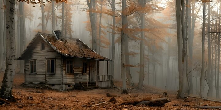 Creepy abandoned wooden house in spooky forest setting like a horror movie. Concept Abandoned House, Spooky Forest, Horror Movie Setting