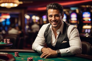 male croupier at gambling table in Casino with coins