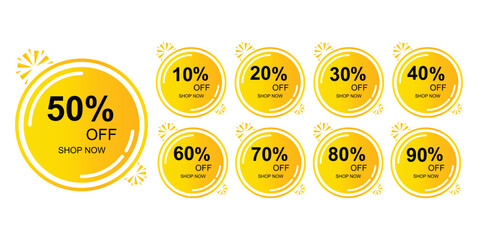 set of Discount 10% 20% 30% 40% 50% 60% 70% 80% 90% OFF Marketing Announcement stickers  Template.