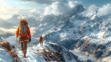 Actionpacked mountain climbing scene, multiple climbers, challenging rocky path