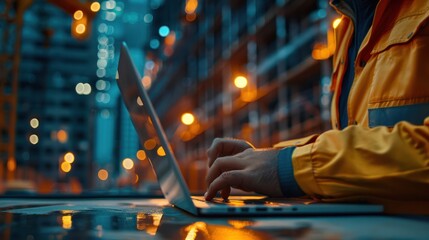 Smart teem of engineers working on a laptop on a construction site