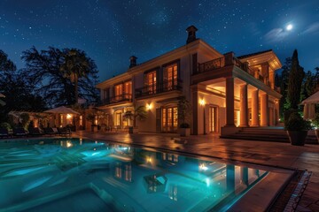 Suburban villa at night--a villa with elegant outdoor lighting and a swimming pool shimmering under the stars.