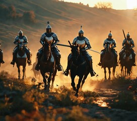 A  squad of medieval knights in armor, with spears and swords ride horseback in a desert area