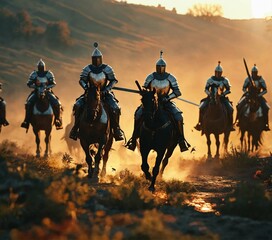 Fototapeta premium A squad of medieval knights in armor, with spears and swords ride horseback in a desert area
