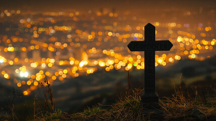 A Christian cross in the foreground of a hilltop view of a city at night, where the city lights blur into a mesmerizing golden bokeh, juxtaposing urban life and spiritual symbolism.