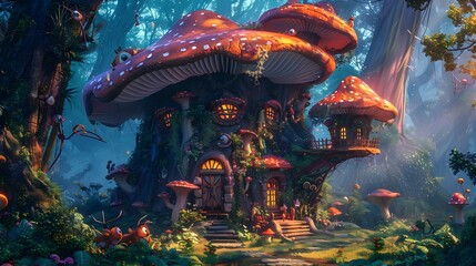 Fototapeta premium Whimsical Mushroom Inspired Fairy House Nestled in Enchanted Forest Landscape