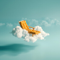 Abstract creative summer vacation concept with sunbed lying on a cloud.