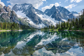 A majestic vista of snow-capped mountains mirrored in the crystal-clear waters of a serene alpine lake, surrounded by towering pine trees and rugged wilderness.