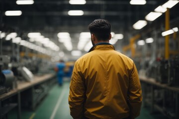 back view of young man in modern factory