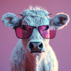 Una vaca elegante con gafas con fondo rosa 