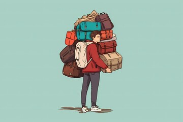 Young man with a lot of suitcases
