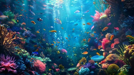 Surreal underwater world: exotic marine life vibrant coral reefs bioluminescent creatures