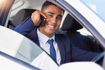 Car window, phone call and portrait of business man in suit for morning commute or travel to work. Face, drive or transport and smile of happy corporate employee with mobile for communication