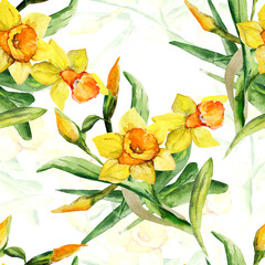 Watercolor illustration of a bouquet of irises. Seamless pattern.
