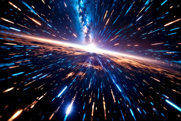 Deep space travel through multi universe, galaxies and solar systems using super light speed hyperspace jump. Interstellar journey through stars, nebulas and cosmos with intergalatic hyperdrive.