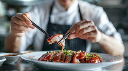 Chinese man holding a pair of chopsticks, delicately picking up a piece of crispy Peking duck from a plate