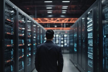 Fototapeta premium back view of young man checking data storage server room