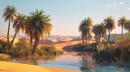 Fototapeta premium Shimmering pools and towering palm trees in a surreal desert oasis