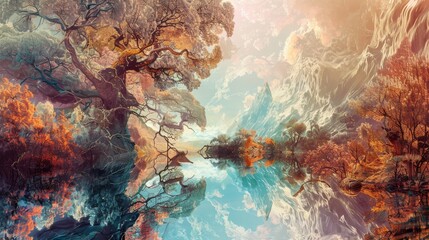 Naklejka premium Mirrored landscape with reflections creates a captivating visual experience