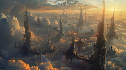 Surreal floating city futuristic architecture above clouds