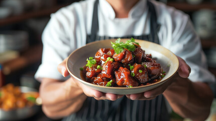 Chinese man proudly holding a bowl of hearty braised pork belly, showcasing the tender meat and savory sauce of the beloved Chinese dish