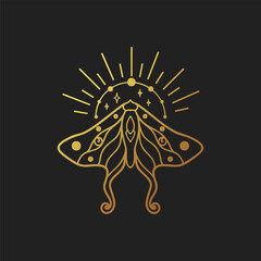 Moth, butterfly, vector illustration, hand drawn celestial boho line art logo, icons and symbol mystic moon tattoo elements for decoration.