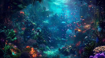 Fototapeta na wymiar Surreal underwater world with bioluminescent creatures